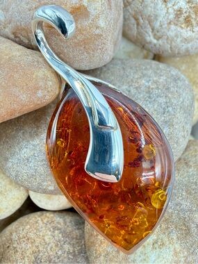 Poland 925 Baltic Amber Cognac Pendant Modernist Sterling Silver European signed